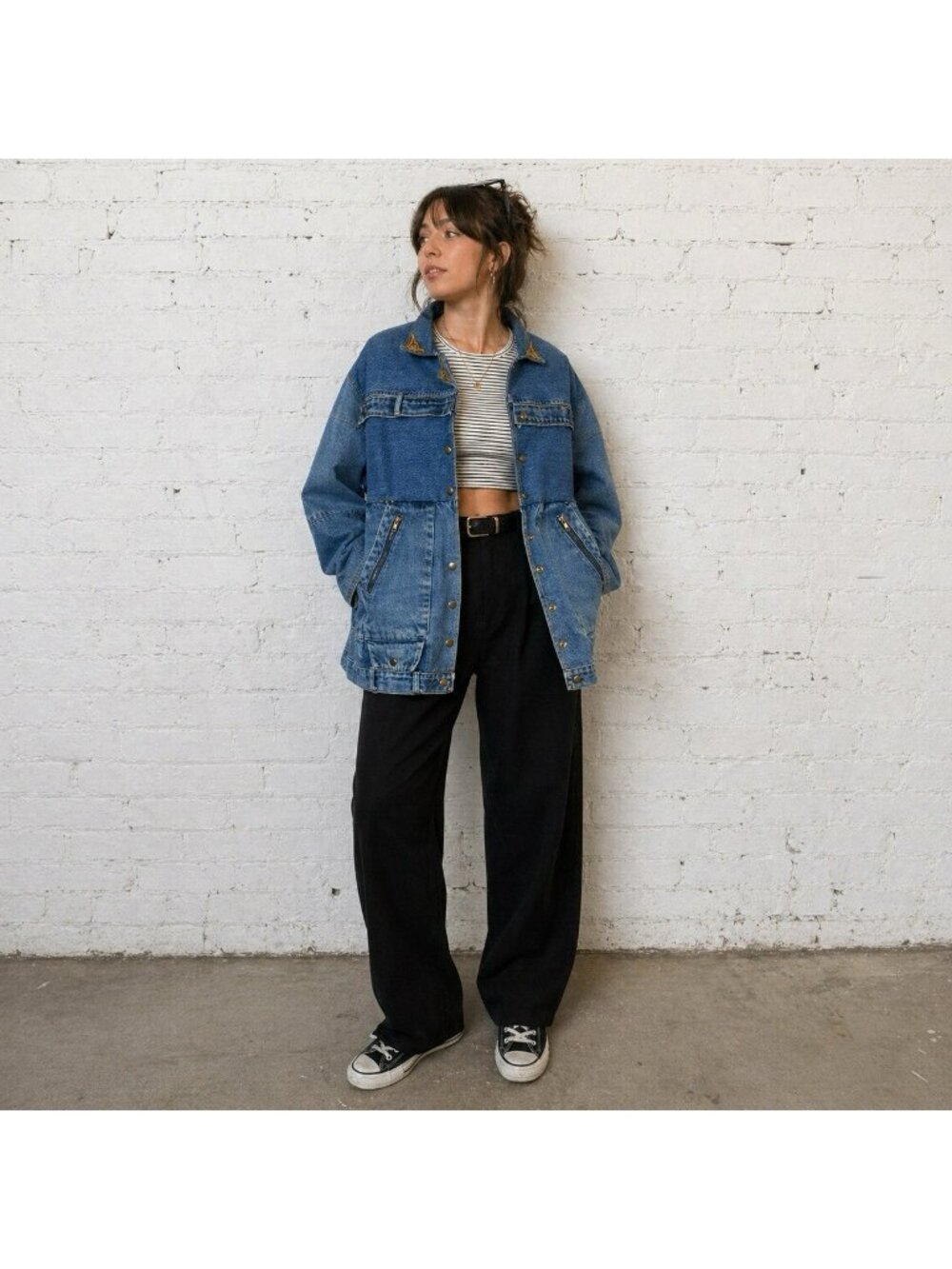 Vintage Upcycled Denim Jean Jacket Coat OOAK Womens L/XL Patchwork Western